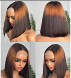 HD Lace Bob Wig – Straight Human Hair – Brown & Copper Highlight | 10 Inch