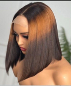 HD Lace Bob Wig – Straight Human Hair – Brown & Copper Highlight | 10 Inch